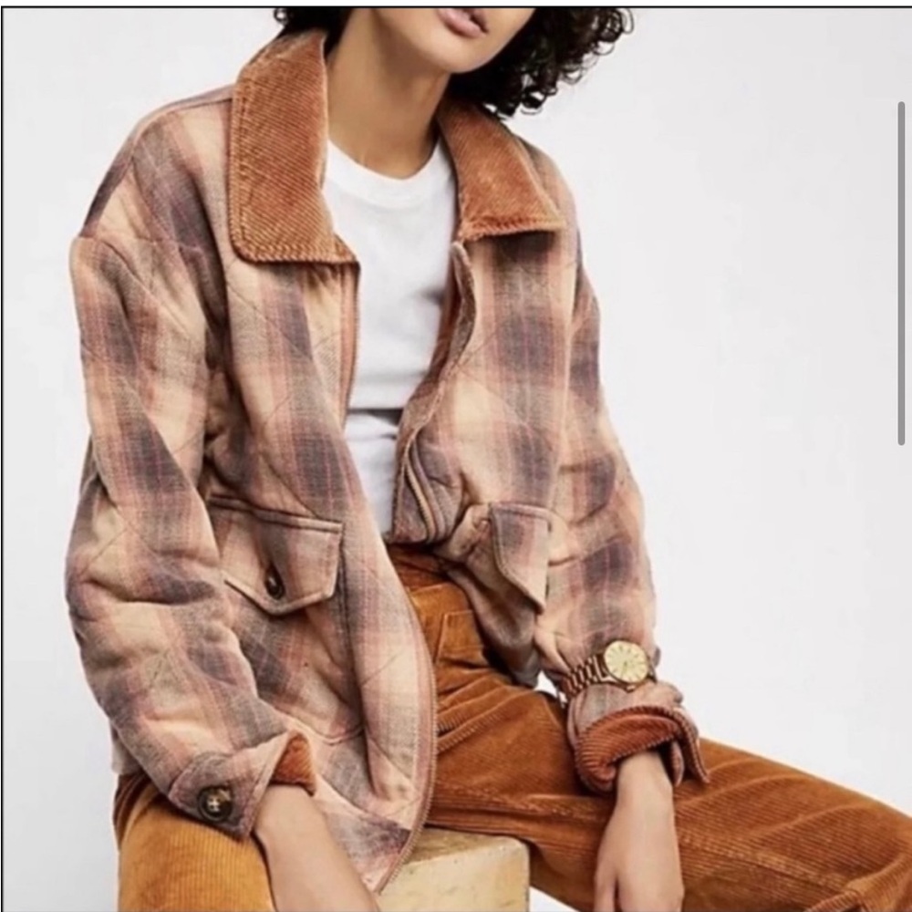 Free People Plaid Corduroy Collar Jacket in Rust and Cream